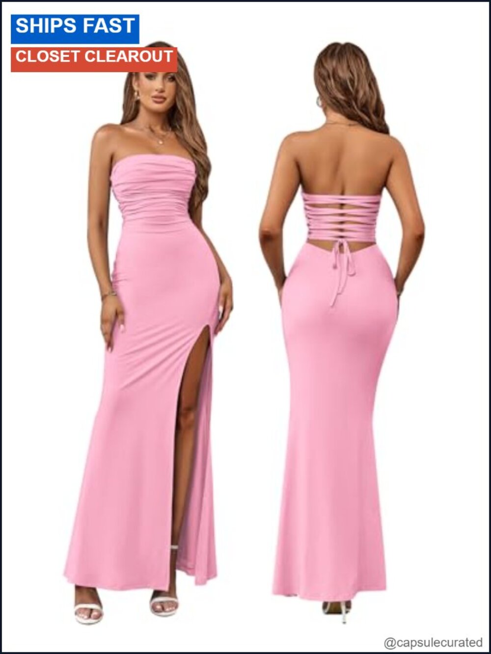 Strapless Bodycon Maxi Dress Side Slit Wedding Guest Formal